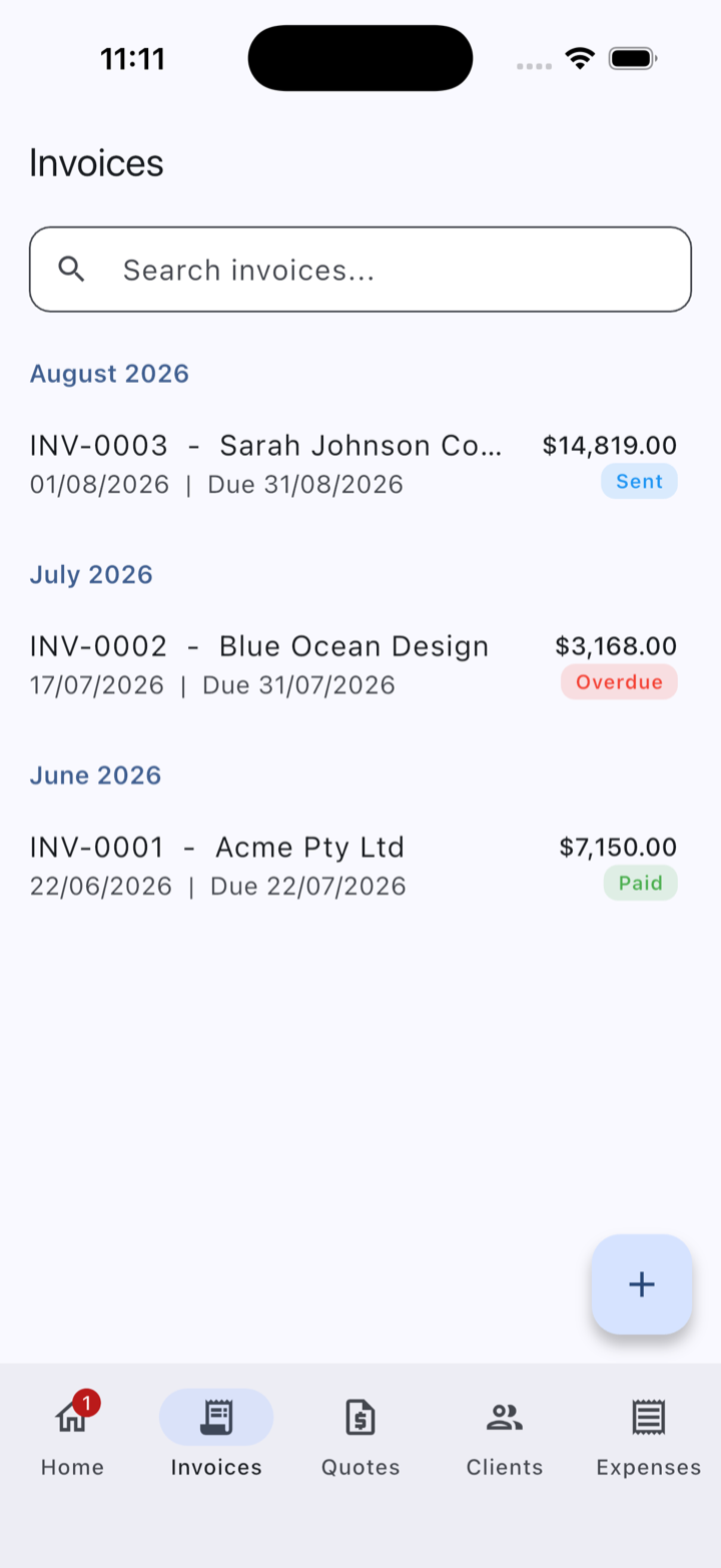 The invoice list with status and amounts